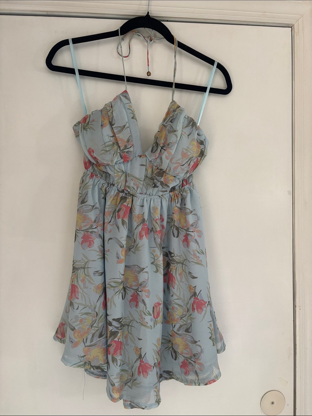Angel Biba Pale Blue Floral Spaghetti-Strap Mini Dress